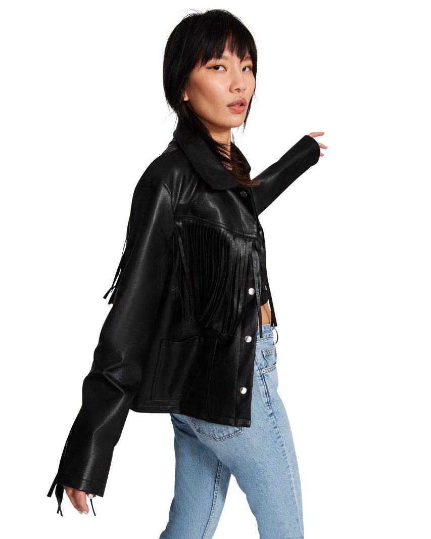 Black Steve Madden Fringe Women's Jackets | PH 7693BZN